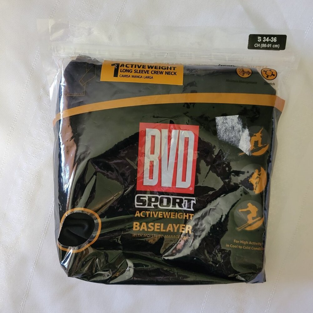 BVD S 34-36 Crew Neck Shirt Black Sport Active Base Layer NWT